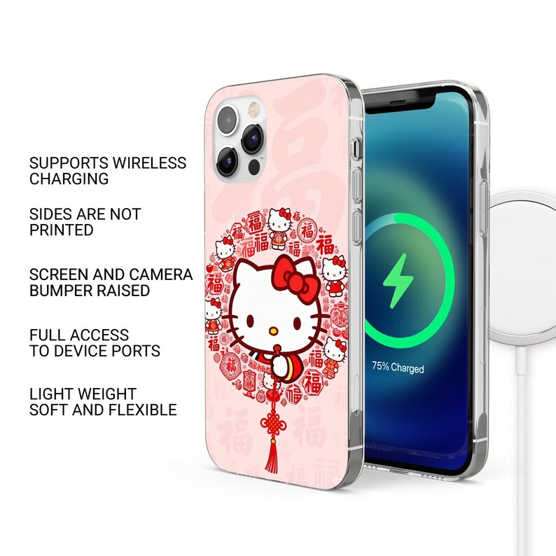 May include: A pink phone case featuring a Hello Kitty design with a red bow and Chinese characters. The case is shown with a phone that is charging wirelessly. The case has the following features: supports wireless charging, sides are not printed, screen and camera bumper raised, full access to device ports, and is light weight and flexible.