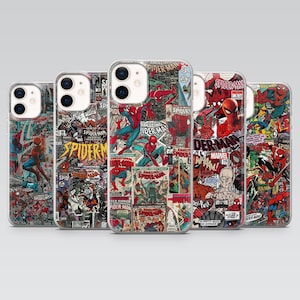 Könnte beinhalten: Fünf transparente Handyhüllen mit Spider-Man-Comic-Designs. Die Designs zeigen Comic-Cover in Rot, Blau und Schwarz. Die Hüllen zeigen das Spider-Man-Logo und Comic-Text, mit verschiedenen Action-Posen.