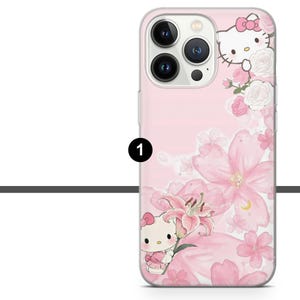 May include: A pink phone case featuring a floral design and the character Hello Kitty. The case has a light pink background with pink flowers and Hello Kitty characters. The phone case is designed to fit a smartphone.