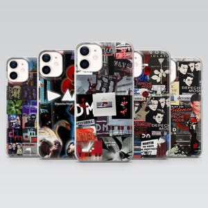 May include: Several phone cases with a collage design featuring the band Depeche Mode. The cases display a mix of images, text, and graphics in black, white, and red. The text includes "DM", "Depeche Mode", and song titles.
