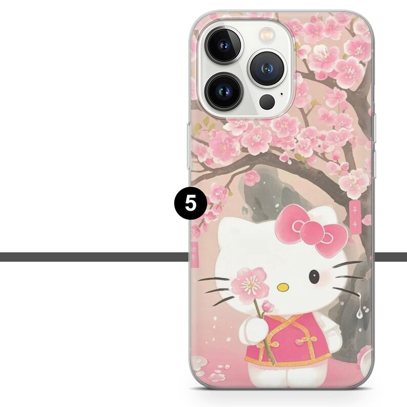 May include: A phone case featuring a Hello Kitty design with a pink bow and holding a flower. The case has a pink floral background with cherry blossoms and a light pink border.