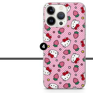 May include: A pink phone case featuring a repeating pattern of Hello Kitty faces, strawberries, and small pink polka dots. The case has a clear border and a camera cutout.