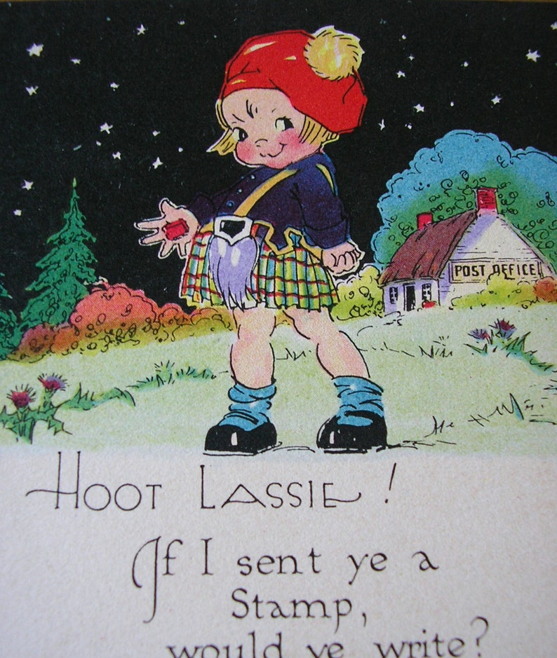 Valentine HOOT LASSIE circa 1920s Antique Greeting Card Scottish Write Me Love