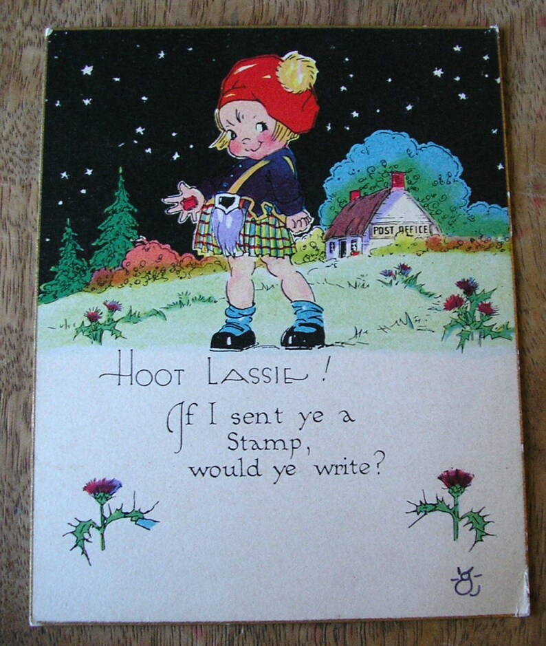 Valentine HOOT LASSIE circa 1920s Antique Greeting Card Scottish Write Me Love