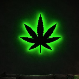 Decoración de Pared Hoja de Marihuana de Madera LED RGB - Letrero Retroiluminado Hecho a Mano, Neón, Luz de Noche, Arte Moderno Cannabis