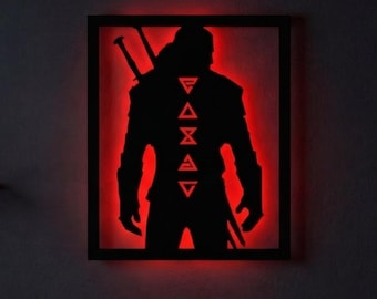 Handmade wooden white wolf wall sign, RGB LED neon light, monster hunter art, game room accents, modern home decor, medieval wall decor