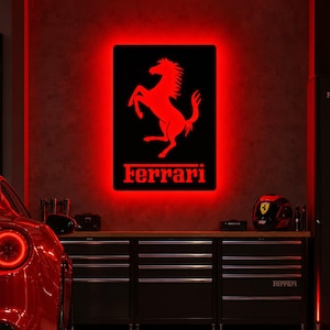 Décoration Murale Ferrari Inspirée Fait Main, LED Néon, Bois MDF, Déco Garage, Cadeau Passionné Auto