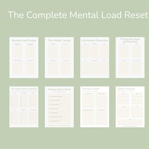 Puede incluir: Un conjunto de diez páginas de planificación imprimibles, titulado "The Complete Mental Load Reset System". Las páginas son de color beige claro con títulos como "Mental Load Dump", "This Week, Gently" y "Life Admin Overview". El texto está en una fuente sans-serif.