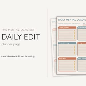 May include: A planner page titled "Daily Edit" with the text "Daily Mental Load Edit." The page is divided into sections for conversations, thinking/planning, dates & timing, things to get, quick wins, and open space. The color scheme is neutral with orange and blue accents.