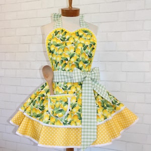 Lemon Gingham Apron: Retro Sweetheart Bib, Polka Dot Skirt