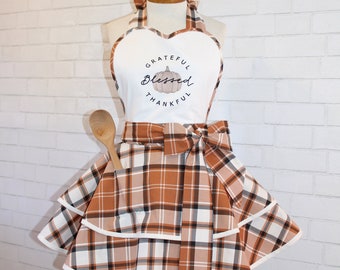 Thankful-Grateful-Blessed Woman's Retro Plaid Apron Featuring Custom Embroidered Sweetheart Bib Custom Order Your Size Today