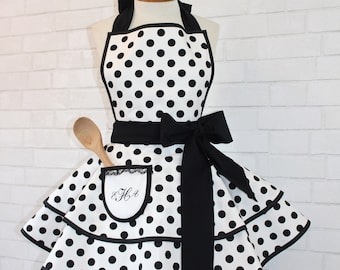 Vintage Inspired Woman's Polka Dot Apron, Custom Monogrammed Pocket Optional, Petite - Plus Sizes Available, Custom Order Your Size Today