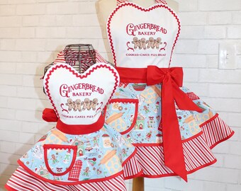 Mommy + Me Gingerbread Bakery Retro Apron Set Featuring Custom Embroidery, Candy Cane Stripes + Sweet Heart Bib...Custom Order Your Size