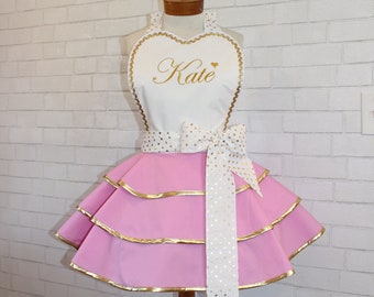 Pink + Gold Custom Embroidered Woman's Retro Baking Apron, Featuring Name Of Your Choice, Custom Sizes Petite To Plus Available, Great Gift!