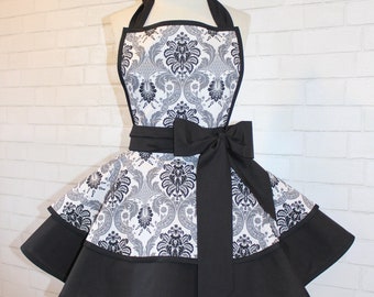 Black and White Damask Print Woman's Retro Apron With Tiered Skirt And Bib...Ready To Ship