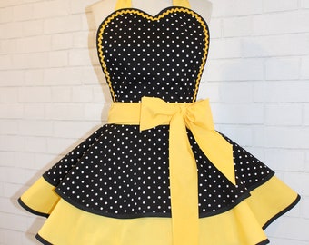 Pin Up Polka Dot Print Woman's Modern Vintage Apron Featuring Heart Shaped Bib, Now Available In Petite And Plus Sizes