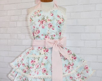 Shabby Chic Woman's Floral Retro Apron Featuring Sweetheart Bib, Polka Dots + White Eyelet Lace Trim, Petite To Plus Sizes Available