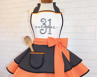 Halloween Inspired Woman's Modern Vintage Apron Featuring Custom Embroidered Square Bib, Petite To Plus Sizes Available