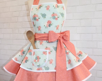 Woman's Retro Apron In Beautiful Mint Green Floral Print Accented With Coral//Petite To Plus Sizes Available//Custom Order Your Size