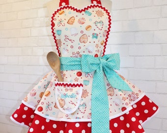 Winterwonderland Cookies, Cupcakes + Hot Cocoa Retro Apron Featuring Heart Bib + Polka Dots Accents, Available With Monogrammed Pocket