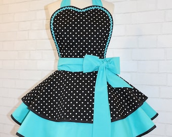 Pin Up Polka Dot Print Woman's Modern Vintage Apron Featuring Heart Shaped Bib, Now Available In Petite And Plus Sizes