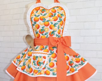 Oranges, Polka Dots + Lace Woman's Retro Inspired Apron Featuring Sweetheart Bib And Pocket Petite To Plus Sizes Available To Custom Order