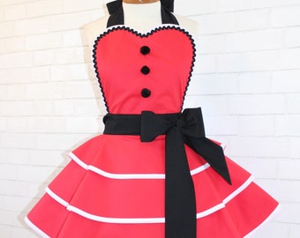 Mrs. Claus Woman's Retro Apron With Triple Layer Tiered Skirt and Heart Shaped Bib...Perfect Holiday Accessory