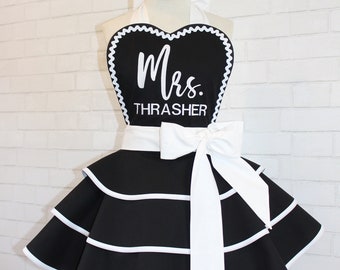 Mrs. Wedding Apron Featuring Custom Embroidery In All New Modern Bridal Font, Black + White, Perfect Bridal Shower Gift, Petite To Plus Size