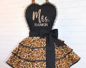 Mrs. Apron, Featuring Custom Embroidered Name Of Your Choice In Our All New Modern Bridal Font, Fun Leopard Print Triple Tiered Apron Skirt