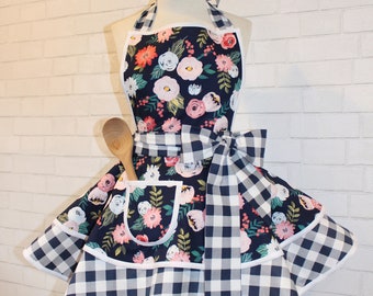 Navy Blue Farmhouse Floral Print Woman's Retro Apron With Gingham Accents...Ready To Ship Today!