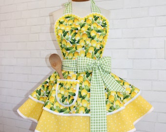 Lemons, Gingham + Polka Dots Woman's Retro Inspired Apron Featuring Sweetheart Bib And Pocket...Petite Through Plus Sizes Now Available