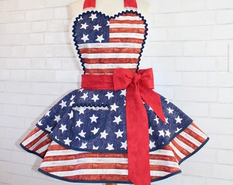 American Flag Woman's Retro Themed Apron Featuring Sweetheart Bib, Now Available In Sizes Petite Through Plus, Custom Order Today