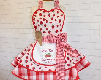 Strawberry Shortcake Vintage Inspired Baking Apron, Featuring Custom Embroidered Mini Apron + Lace Trimmed Sweetheart Bib