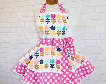 Colorful Floral Print Woman's Retro Apron Featuring Fun Spring Flower Fabric Accented With Pink And White Polka Dots, Custom Order Your Size