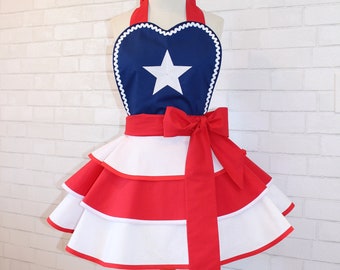 Texas Inspired Woman's Modern Vintage Embroidered Apron Featuring The Texas Star And Triple Tiered Apron Skirt, Petite-Plus Sizes Available