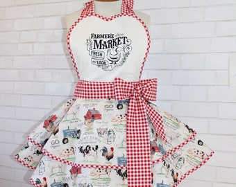 Farmer's Market Woman's Modern Vintage Baking Apron, Featuring Custom Embroidered Sweetheart Bib, Fun Farm Fabric + Red Gingham Accents