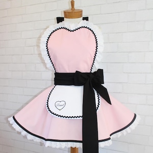 Pink French Maid Apron: Sweetheart Bib, Eyelet Lace, Custom Embroidery