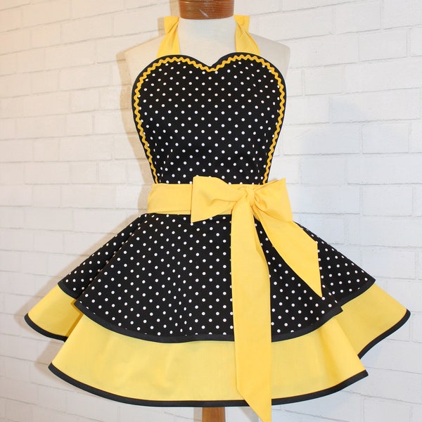 Pin Up Polka Dot Print Woman's Modern Vintage Apron Featuring Heart Shaped Bib, Now Available In Petite And Plus Sizes