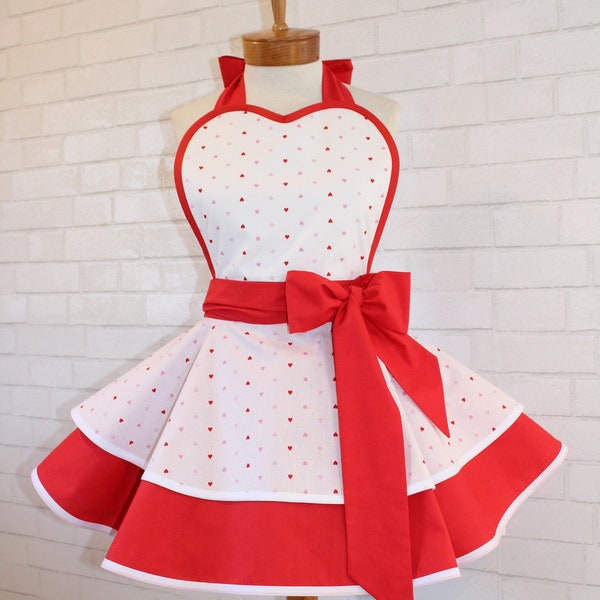 Valentine's Day Heart Print Woman's Modern Vintage Apron Accented In Solid Red, In Stock And Ready To Ship Today!