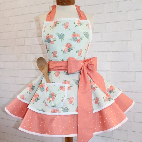 Woman's Retro Apron In Beautiful Mint Green Floral Print Accented With Coral//Petite To Plus Sizes Available//Custom Order Your Size