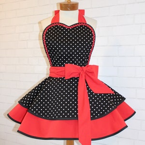 Pin Up Polka Dot Print Woman's Modern Vintage Apron Featuring Heart Shaped Bib, Now Available In Petite And Plus Sizes