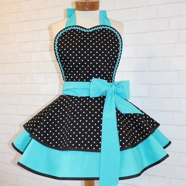 Pin Up Polka Dot Print Woman's Modern Vintage Apron Featuring Heart Shaped Bib, Now Available In Petite And Plus Sizes