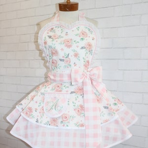Floral + Gingham Woman's Vintage Inspired Apron, Featuring Sweetheart Bib, Custom Monogrammed Pocket Optional, Petite - Plus Sizes Available