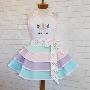 Unicorn Custom Embroidered Woman's Retro Apron Featuring Multi-Tiered Pastel Rainbow Skirt...Custom Order Your Size!