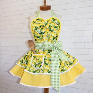 Lemons, Gingham + Polka Dots Woman's Retro Inspired Apron Featuring Sweetheart Bib And Pocket Petite To Plus Sizes Available To Custom Order