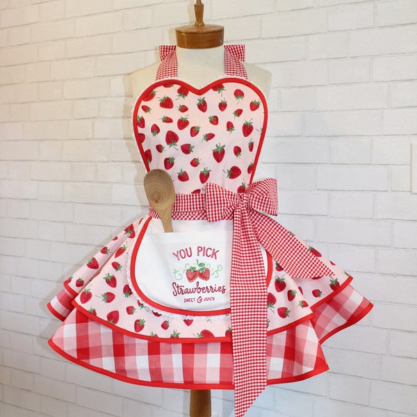 Strawberry Shortcake Vintage Inspired Baking Apron, Featuring Custom Embroidered Mini Apron + Lace Trimmed Sweetheart Bib