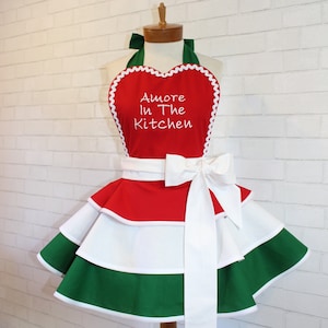 Amore In The Kitchen//Woman&#39;s Modern Vintage Embroidered Apron//Italian Flag Apron//Italy//Petite To Plus Custom Your Size