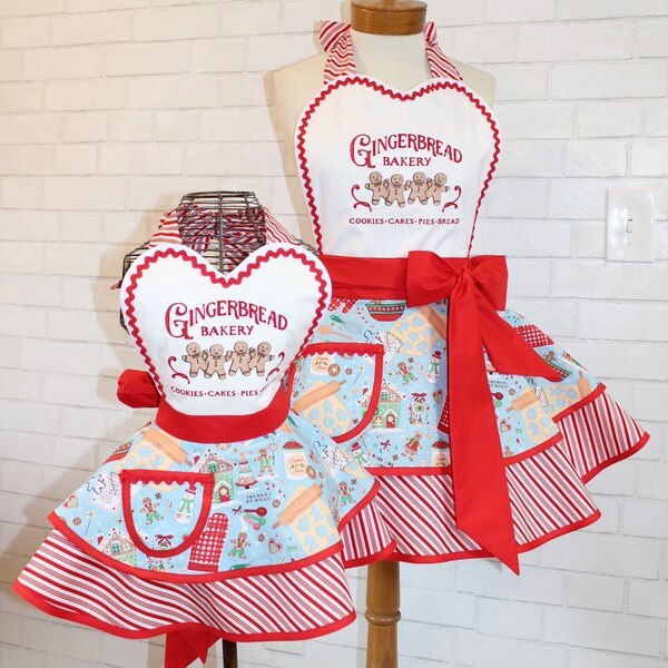 Mommy + Me Gingerbread Bakery Retro Apron Set Featuring Custom Embroidery, Candy Cane Stripes + Sweet Heart Bib...Custom Order Your Size