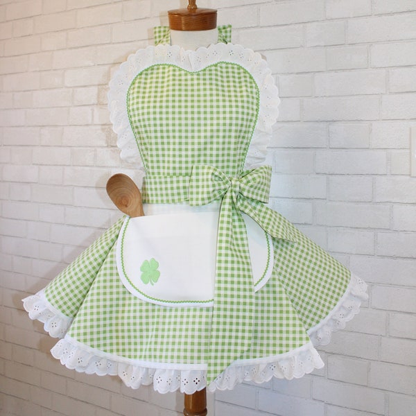 St. Patrick's Day Woman's Gingham Apron Featuring Sweetheart Bib, Eyelet Lace Trim + Mini Apron With Shamrock Embroidery Petite To Plus Size