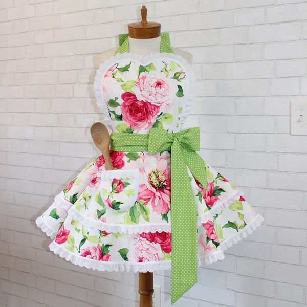 Garden Party Woman's Floral Retro Apron Featuring Sweetheart Bib, Polka Dots + White Eyelet Lace Trim, Petite To Plus Sizes Available